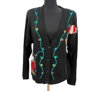 Vintage Herman Geist ‎ Holiday Christmas Teddy Bear Black Sweater Cardigan Women